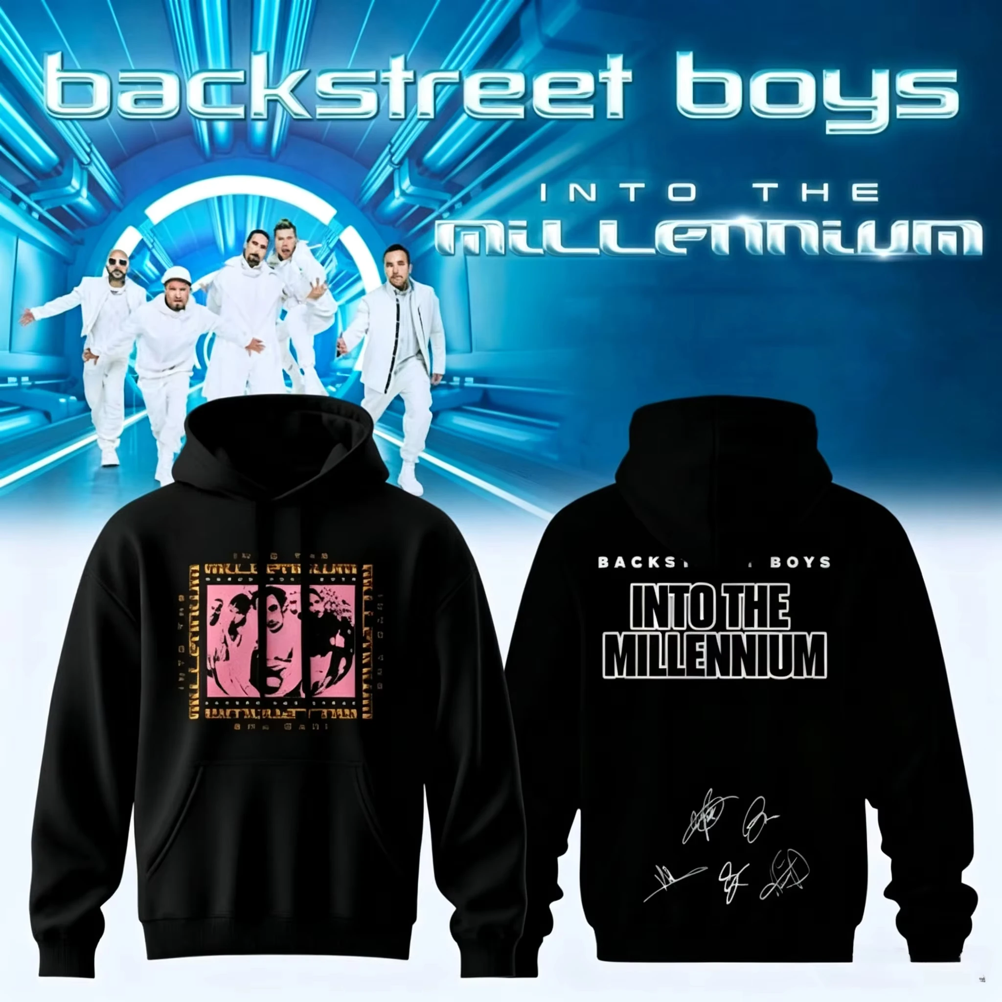 Backstreet Boys Into The Millennium Signature Hoodie Double Sided Graphic Print Oversized Pullover Pop Band Fan Hooded