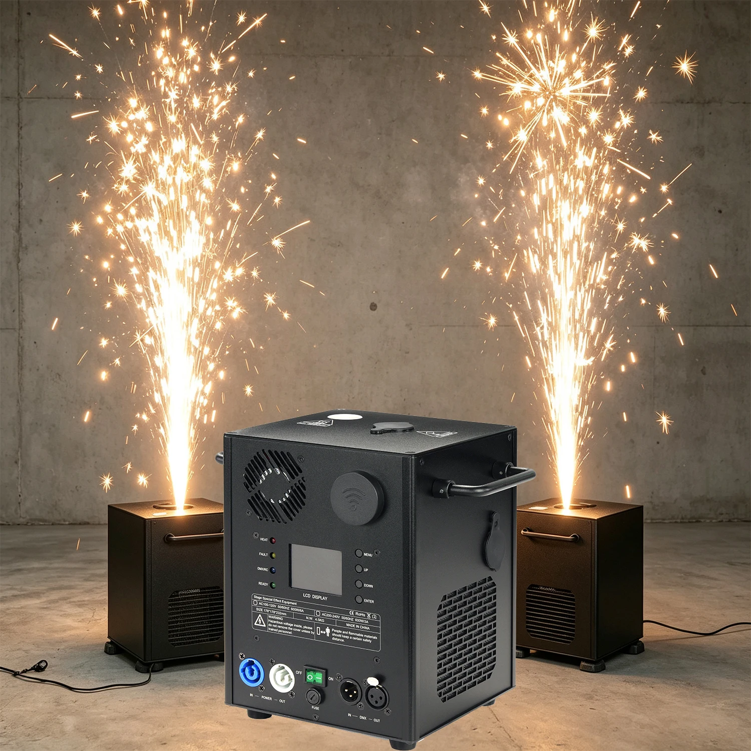 Cold Spark Machine 600W DMX Wireless Remote Control Stage Spark Fountain for Wedding Party Event Show Indoor Aluminum Body