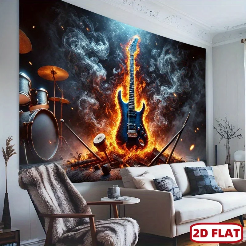 Burning Electric Guitar Tapestry, Rock Band Drum Set Art, Heavy Metal Wall Hanging, Musician Room Decor,  Stage Backdrop