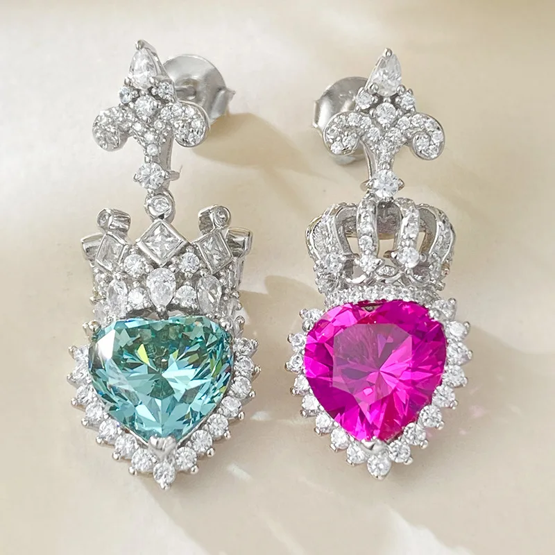 

Серебряные серьги-гвоздики S925 в форме сердца, короны, красные, зеленые контрастные серьги-гвоздики с высокоуглеродистыми бриллиантами, универсальные серьги, ювелирные изделия