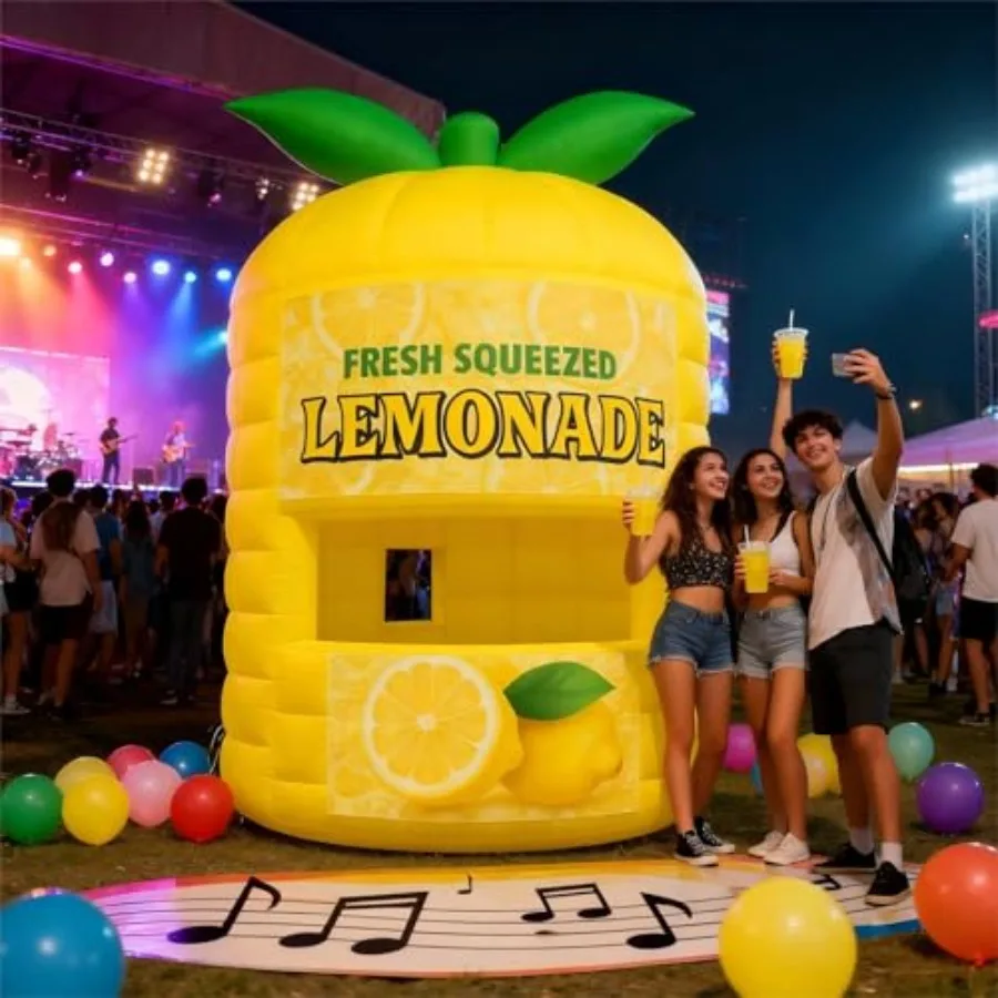 Inflatable Lemonade Stand for Outdoor Parties, Bright Yellow PVC, Easy Setup, Portable Backyard Birthday Carnival Decoration