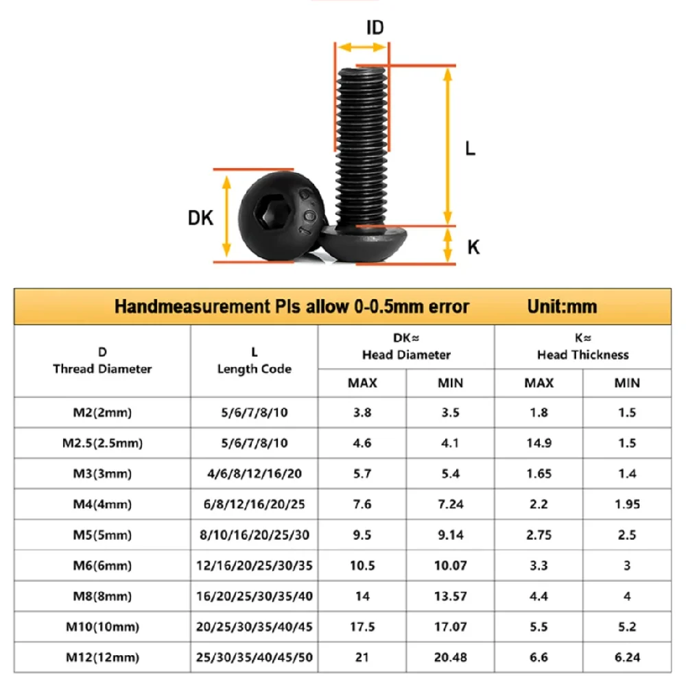 M1.6M2M2.5M3M4M5M6M8M10 Hex Socket Allen Screw Grade 10.9 Black Carbon Steel Motorcycle Fairing Bolts ISO7380 Round Head Screws