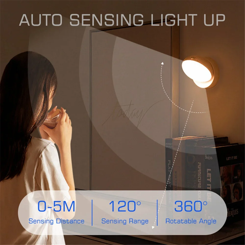 PIR Motion Sensor Night Light 360 Rotated Led Wall Lamps Rechargeable Auto/On/Off Under Cabinet Light Wireless Closet Night Lamp
