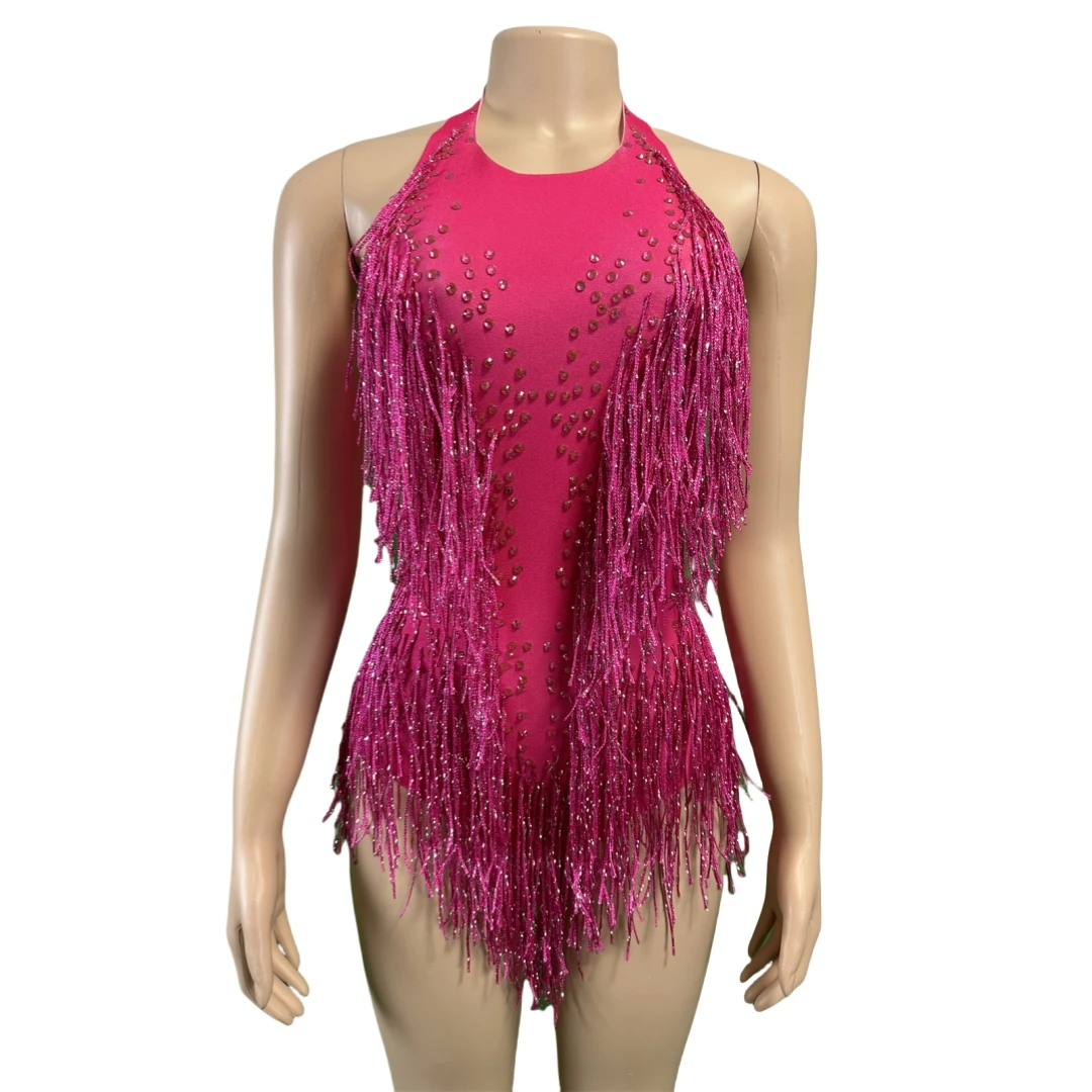 Rose Red Drag Queen Rhinestone Bodysuit Women Sparkly Outfit Gold Fringe Body Suit Dancer Leotard Backless Latin Stage Wear