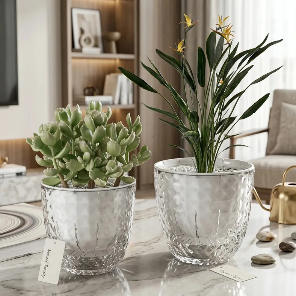 Self-watering Flower Pot, Self-watering Flower Pot with Double-layer Planting Pot with Water Tray, Transparent Flower Pot
