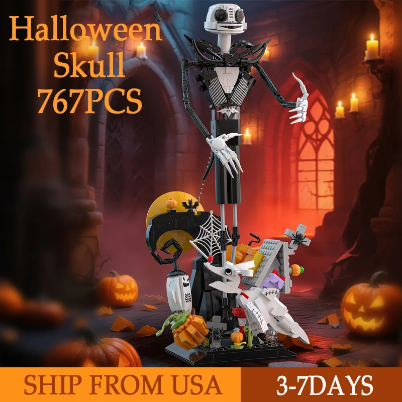 

767PCS Skeleton Building Blocks Toys Moviw Ghost Dog Skellington Haunted Horror Bricks Model Kit Halloween Gifts For Kids Teens