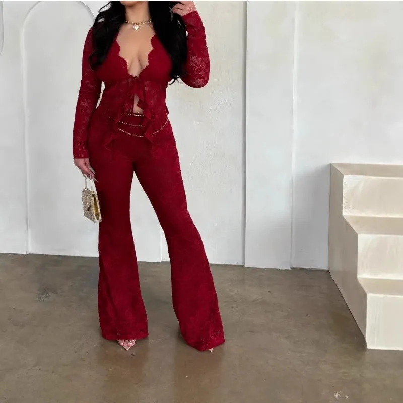 

2026 Spring and Summer Women's Clothing Sexy Lace-up Hollow Cardigan Long-sleeved Lace Shirt Lace Pants Two-piece Set