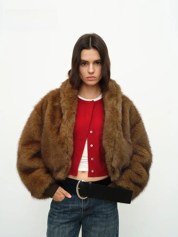 

EhK Women's Double-Sided Wear Faux Fur Collar Windproof Jaet Fluffy Lined ort Coat Original Design Straight Cut Long Sve