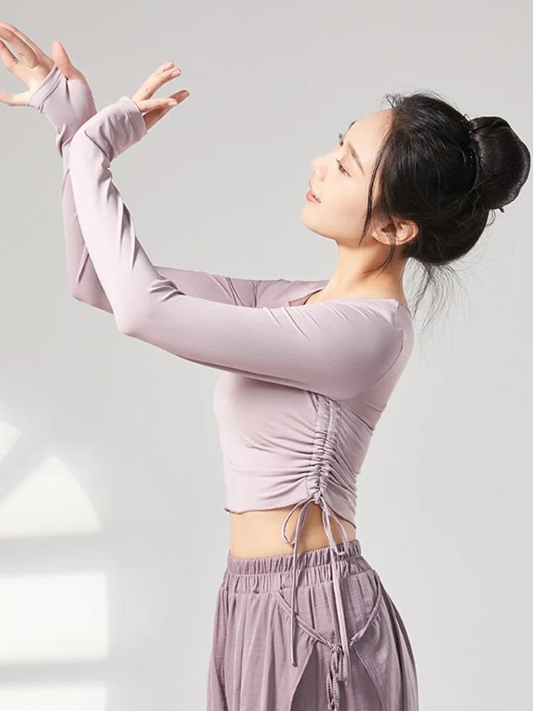 

Женская облегающая танцевальная рубашка с v-образным вырезом и рюшами на шнурке, однотонная классическая танцевальная одежда с длинными рукавами, топ для репетиции, балетный топ