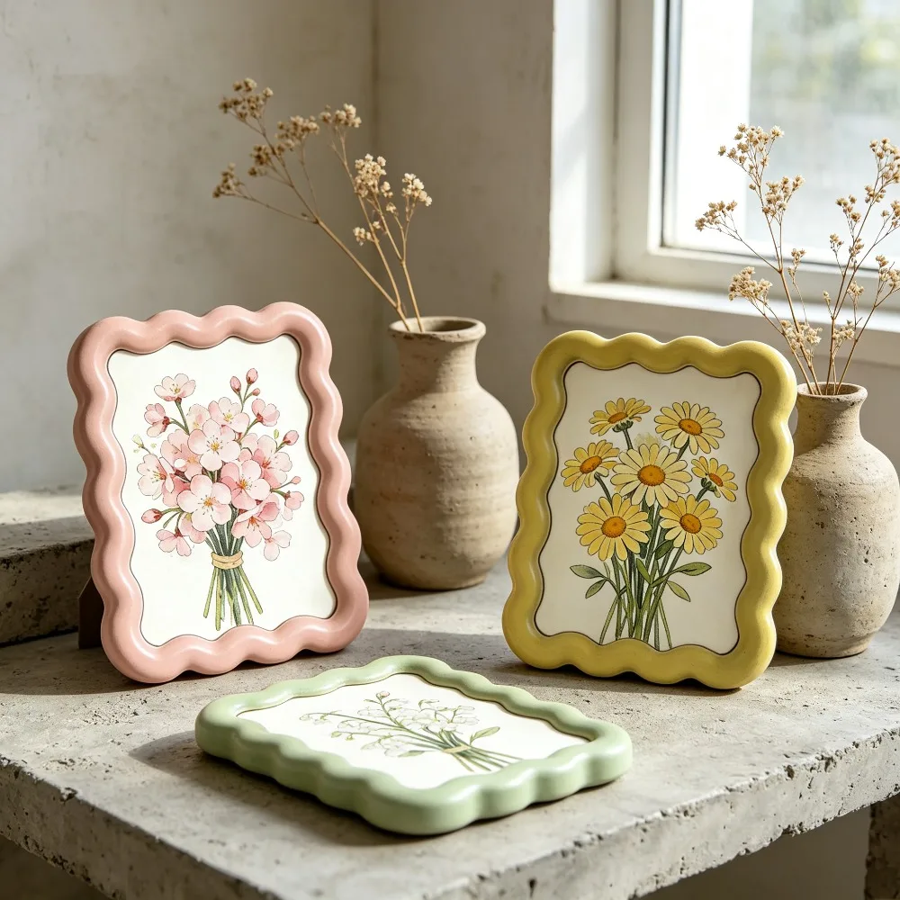 Art Frame Decorative Art Print Frame Wavy Edge Flower Pattern Aesthetic Decorative Painting Frame for Home Living Room Bedroom