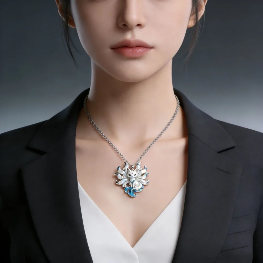 New Chinese Mythology Nine-tailed Fox Enamel Pendant Necklace for Women Friends Silver Tone Chain Trendy Exquisite Jewelry Gifts