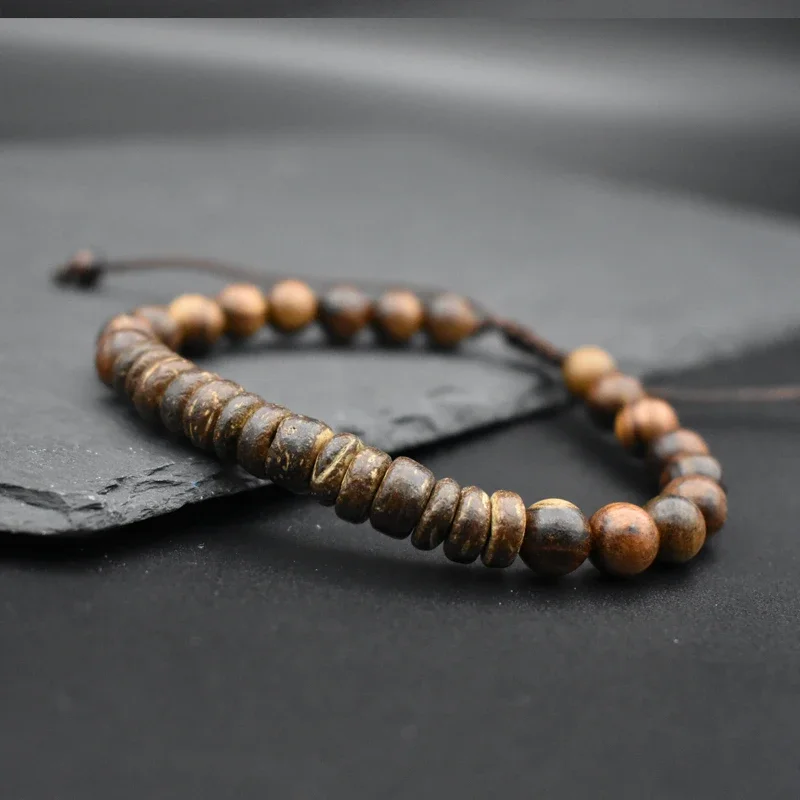 New Men Natural Coconut Bead Bracelet Vintage Meditation Wooden Bracelet Hematite Healing Braslet Wooden Pulsera