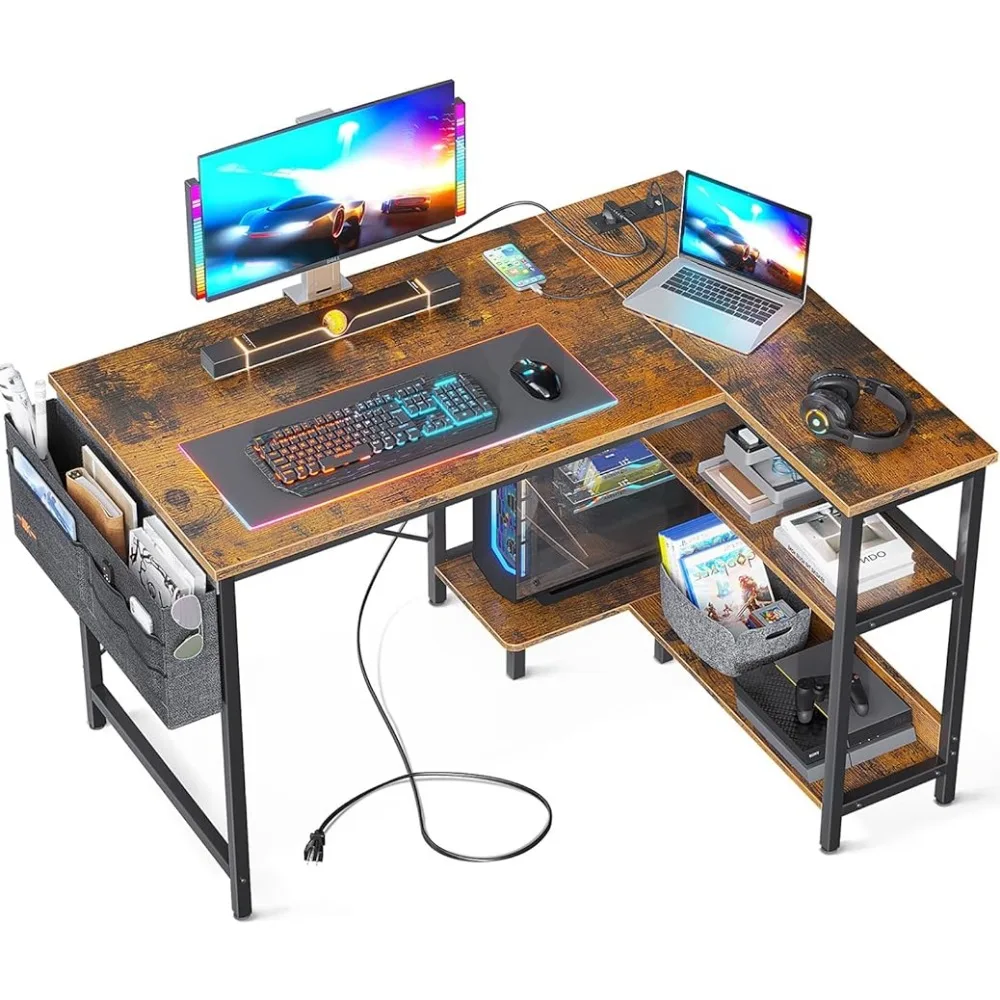 

40 Inch Small L Shaped Gaming Computer Desks with Power Outlets, Reversible Storage Shelves & PC Stand,Vintage