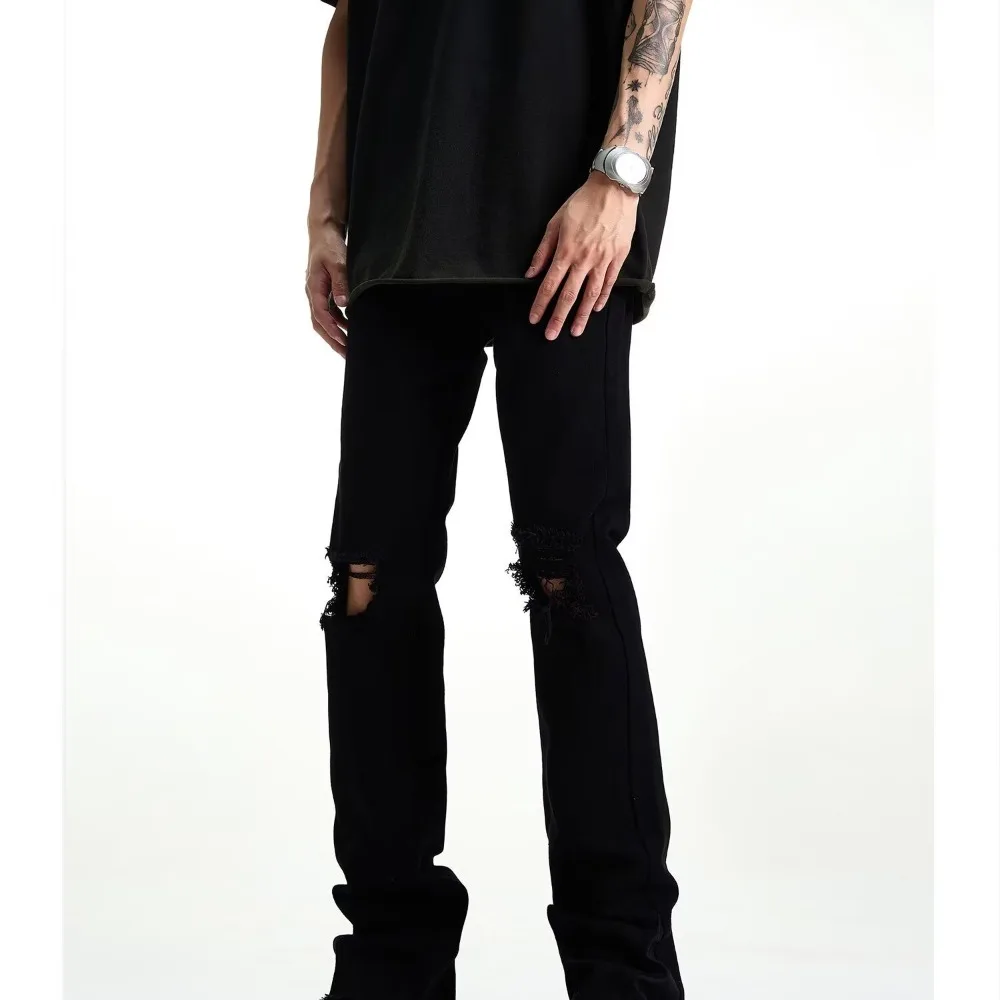 

Design style ripped jeans for men in black 2025 summer new trend, personalized and fashionable, elastic slim fit small leg begga