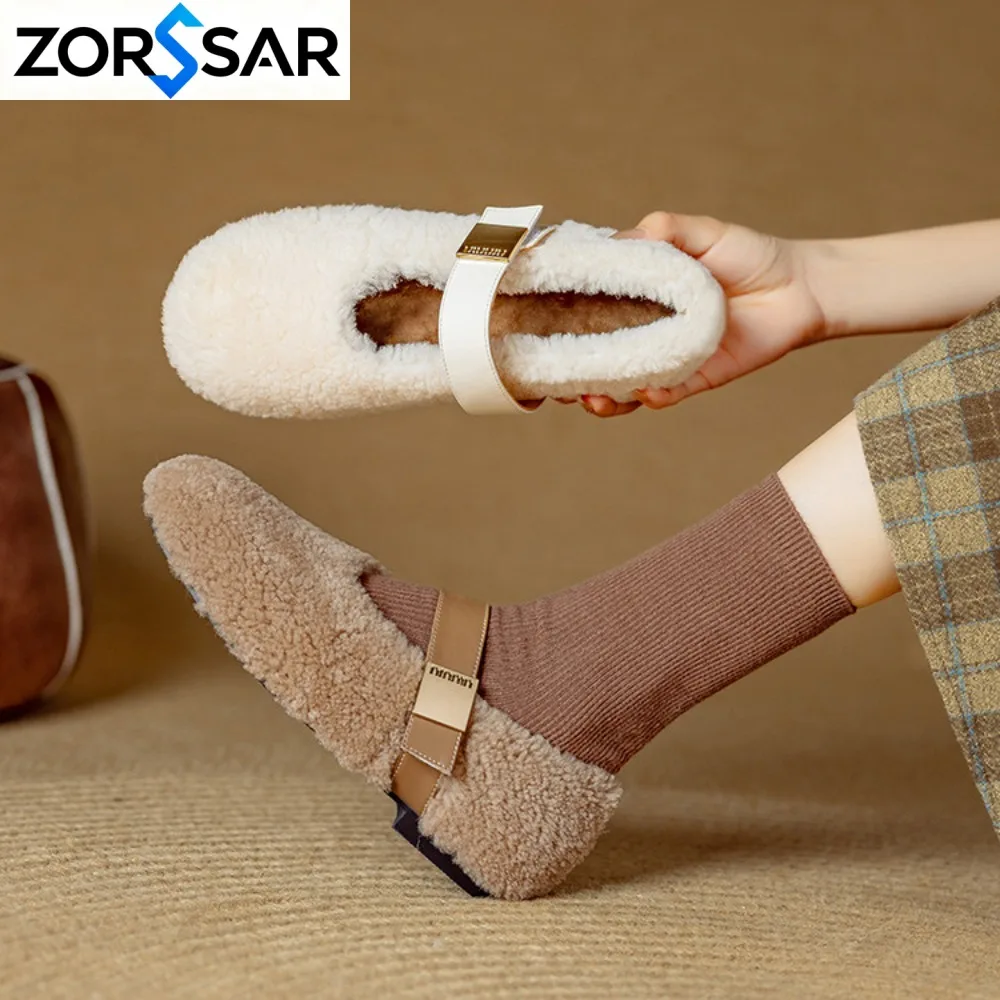 Fashion Square Toe Fleece Flet Ballet Flats Woman Winter Warm Wool Mary Jane Shoes Ladies Brand Design Elegant Plush Loafers
