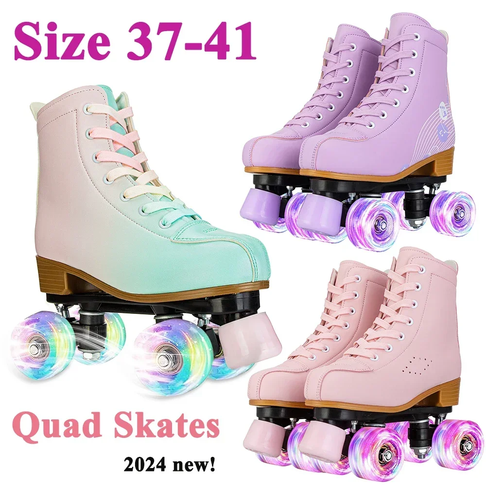 Roller Skate Shoes,Women Double Row Roller Skates PU Leather Breathable 4 Wheel Skate Shoes Outdoor Sliding Skating Sneakers