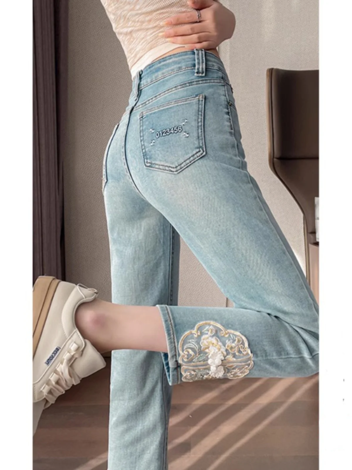Nieuwe Chinese Sle Geborduurde Denim Jeans Dames Zomer Hoge Taille Slanke Rechte Buis Broek Negen Punt Lange Broek