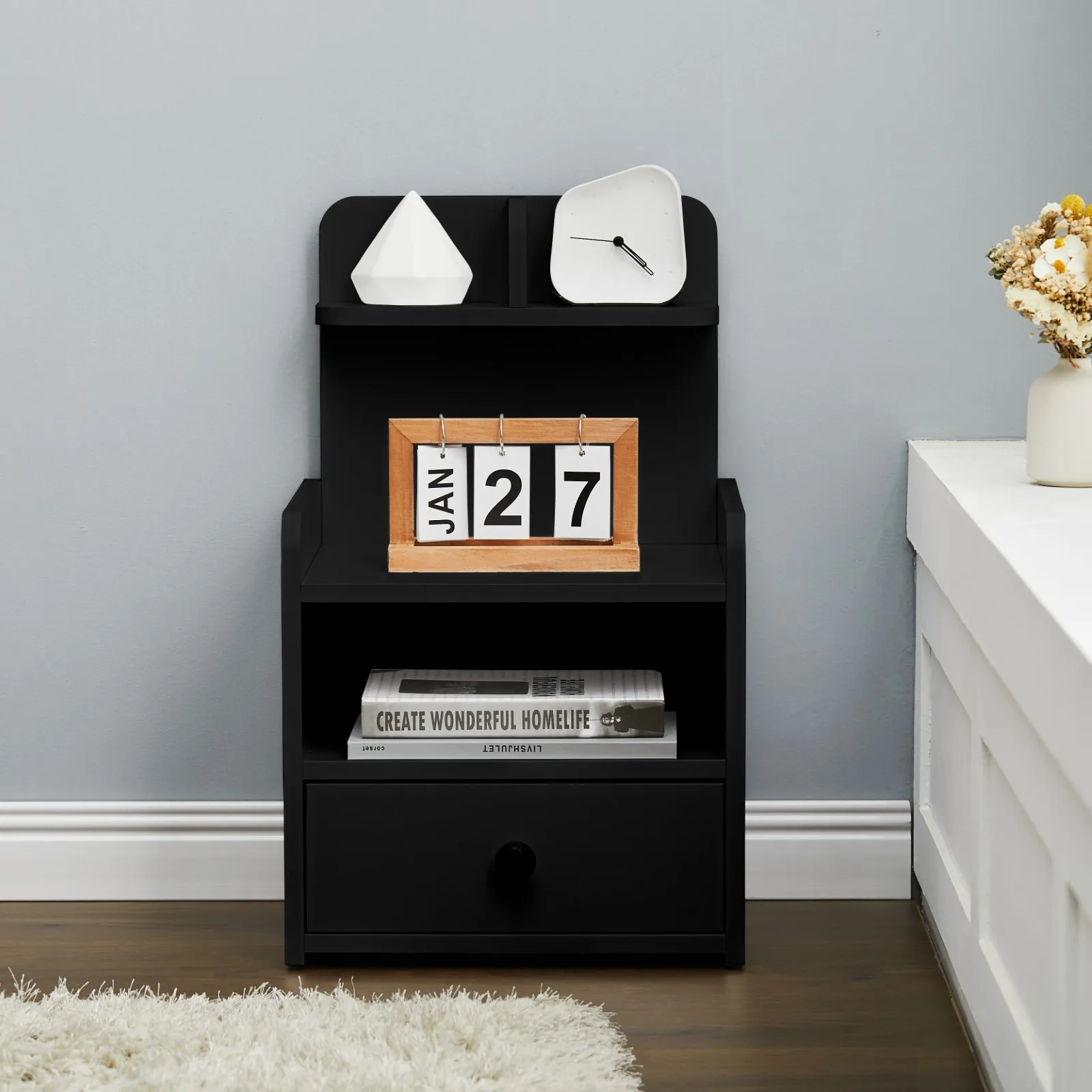 Wood Black Bedside Table File Cabinet Nightstand With Drawers  to Home Office