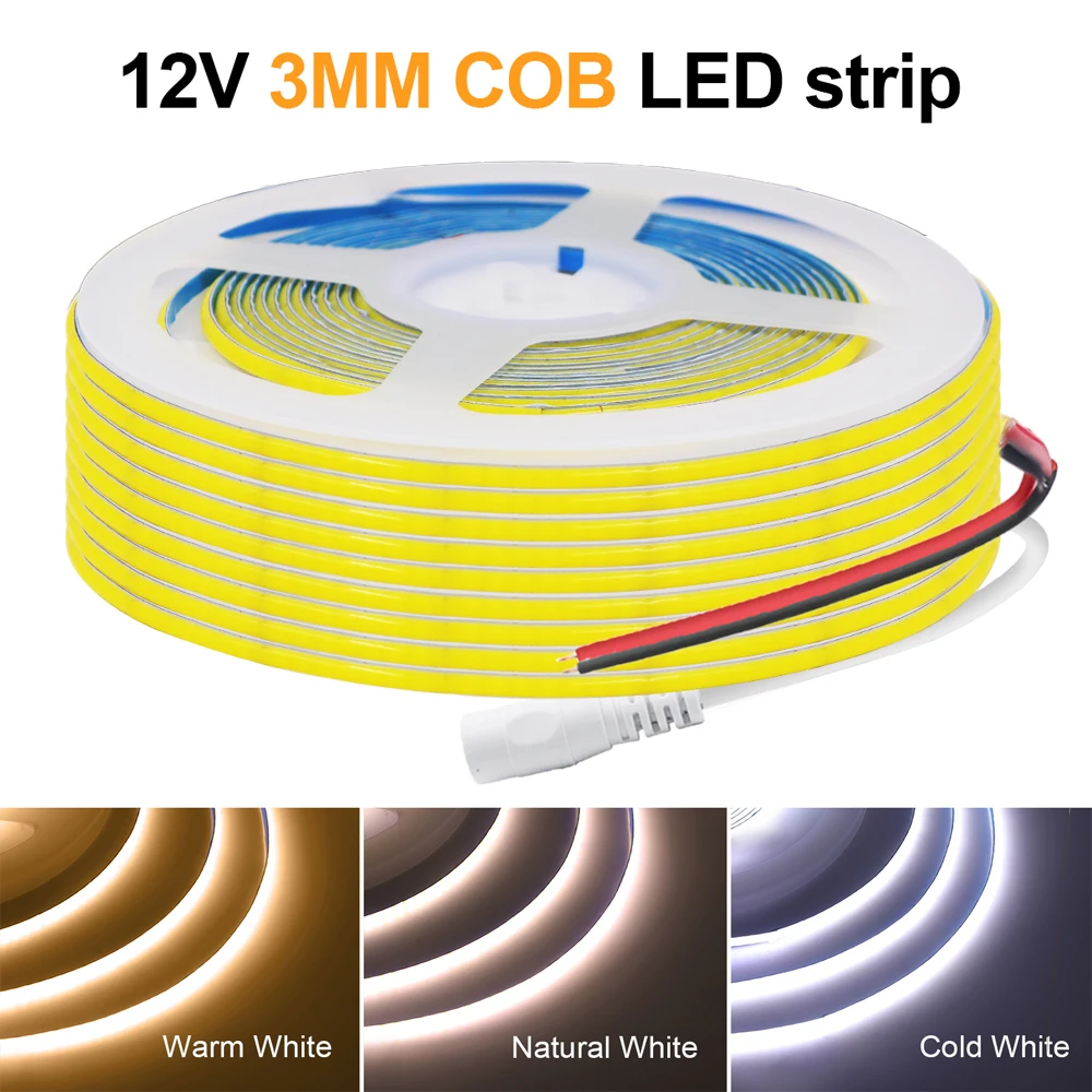 

DC 12V COB Strip 3MM Width 320 384Leds/M High Density LED Light 3000K 4000K 6000K Flexible Ribbon Tape Rope Lamp Home Decoration