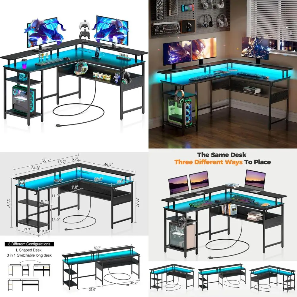 

L-Shaped Gaming Desk 56.7 with LED Lights, Power Outlets, and Monitor Stand, Reversible for Home Use