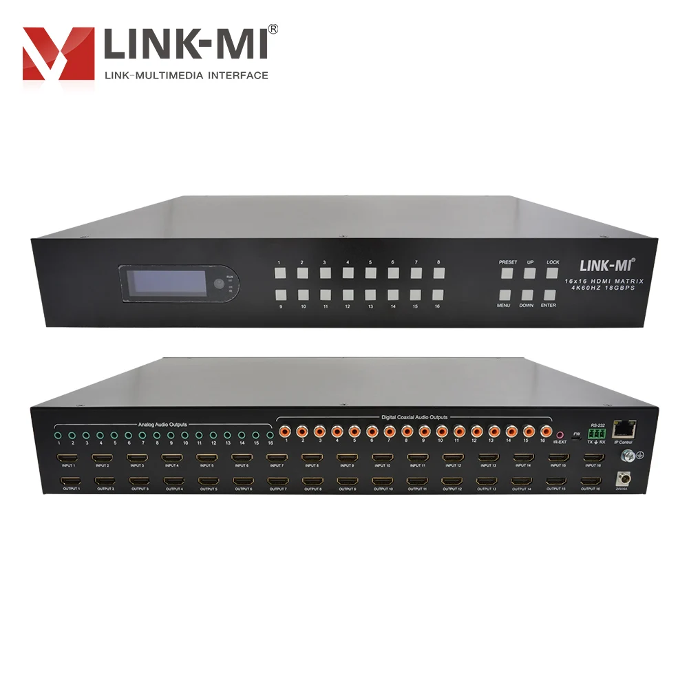 

16x16 HDMI 2.0 Matrix Switch 4K60Hz 4:4:4, HDCP2.2, 7.1 Audio DSP, Analog/SPDIF Matrix, RS232/IP Control