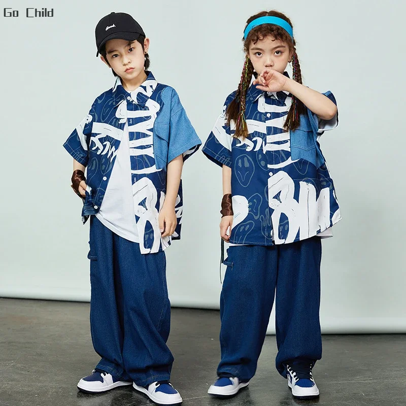 Hip Hop Boys Graffiti Jeans Shirt Loose Pants Girls Street Dance Cool Denim Jacket Kids Jazz Clothes Sets Children Streetwear