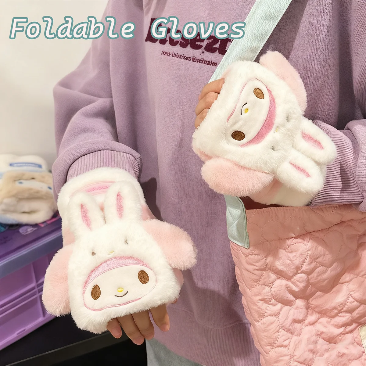قفازات سانريو القطيفة بلدي ميلودي كورومي قفازات الوجه نصف إصبع قفاز مقاوم للبرودة شاشة اللمس قفازات دافئة هدية الشتاء #3
