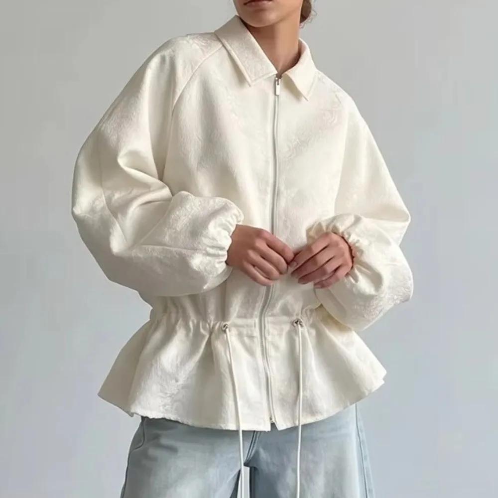 Solid Color Women Jacket Zip Up Drawstring Waist Cropped Coat Lantern Sleeves Jacquard Texture Lapel Long Sleeve Coat Daily Wear