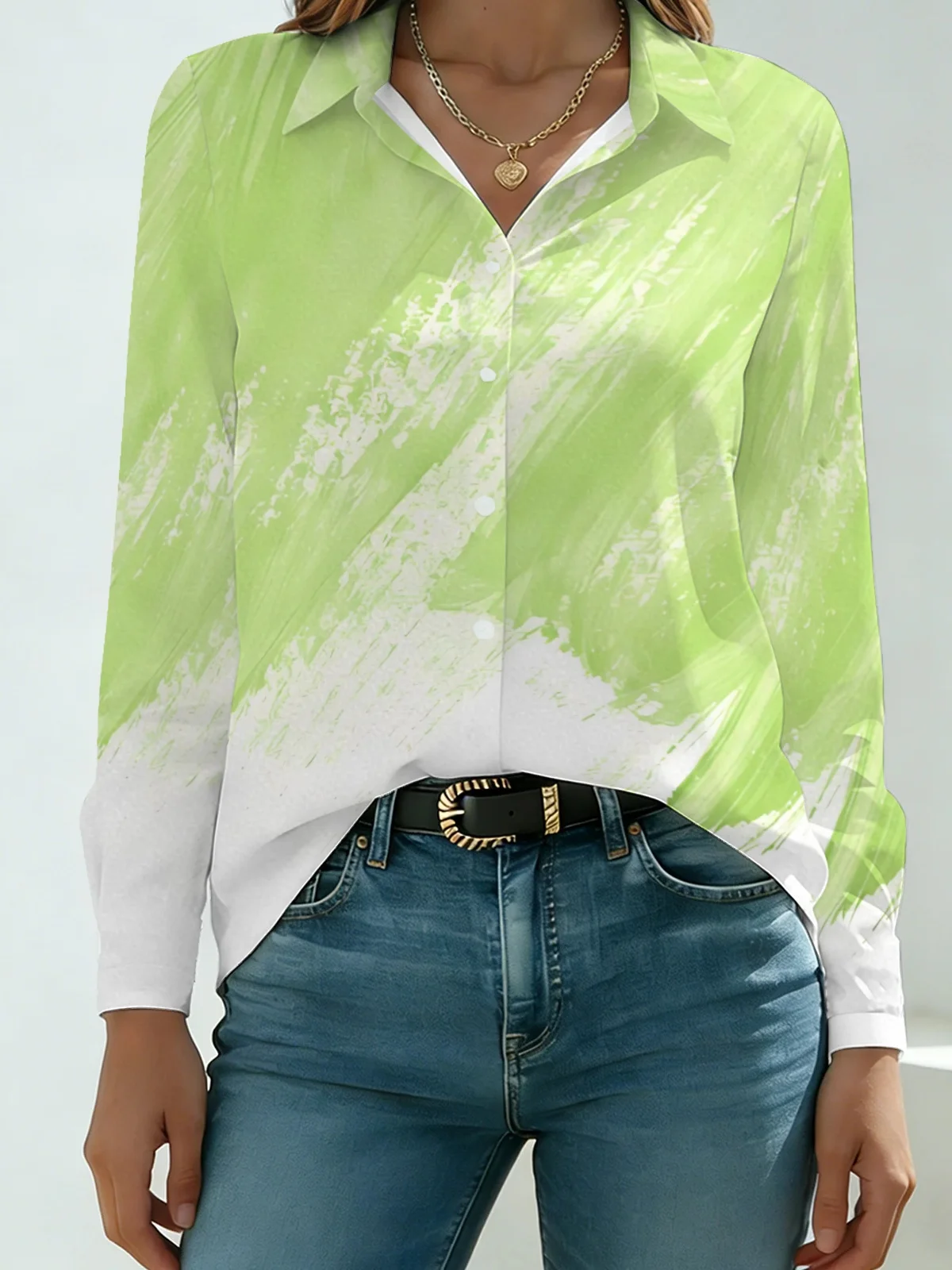 Minimal Abstract Hand Paint Womens Collared Shirt White Lime Green Ombre Base Rough Brush Stroke Allover Print Long Sleeve Art L
