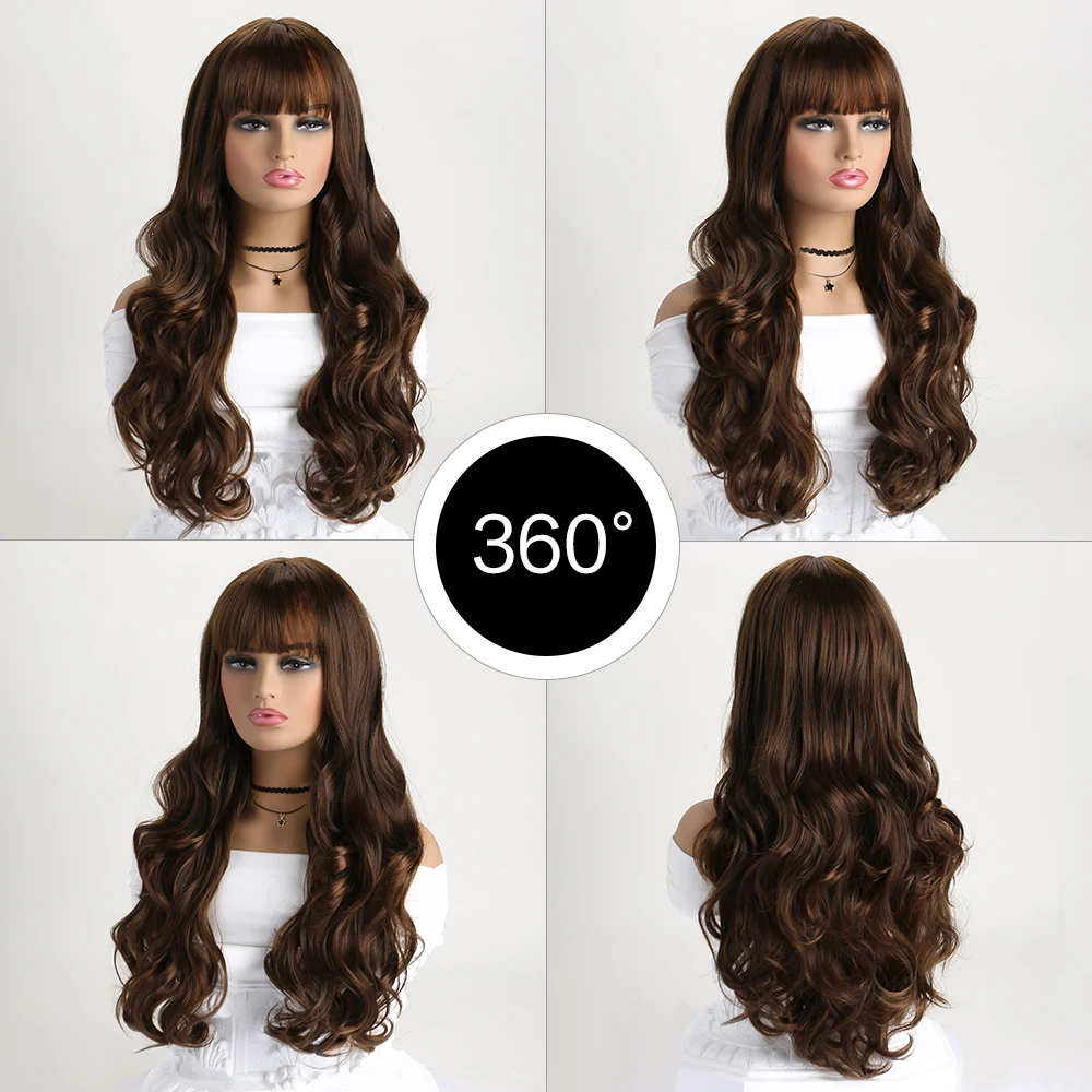 شعر مستعار اصطناعي طويل مموج للنساء، شعر مستعار مموج طبيعي مع غرة، شعر مستعار من الألياف المقاومة للحرارة لحفلات الهالوين اليومية