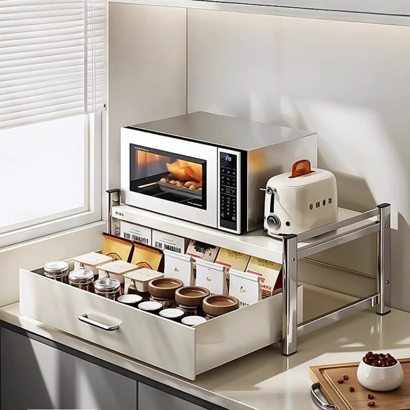 

Pull-Out Microwave Storage Shelves Multi-Functional Appliance Organizer for Rice Cooker & Oven Space-Saving Cabinet with Drawers