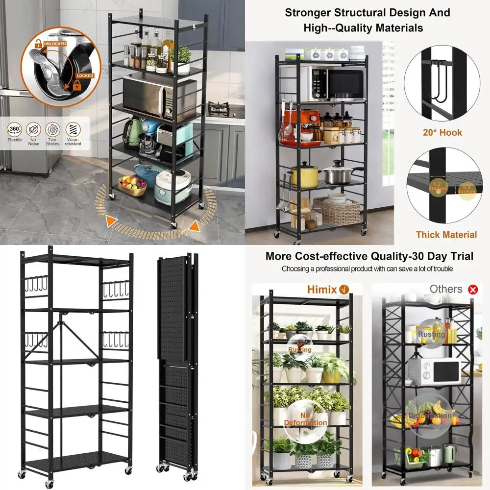 

5-ярусная складная полка для хранения с 20 крючками, выдерживает 440 фунтов, складные стеллажи для кладовой, гаража и кухни, черный цвет