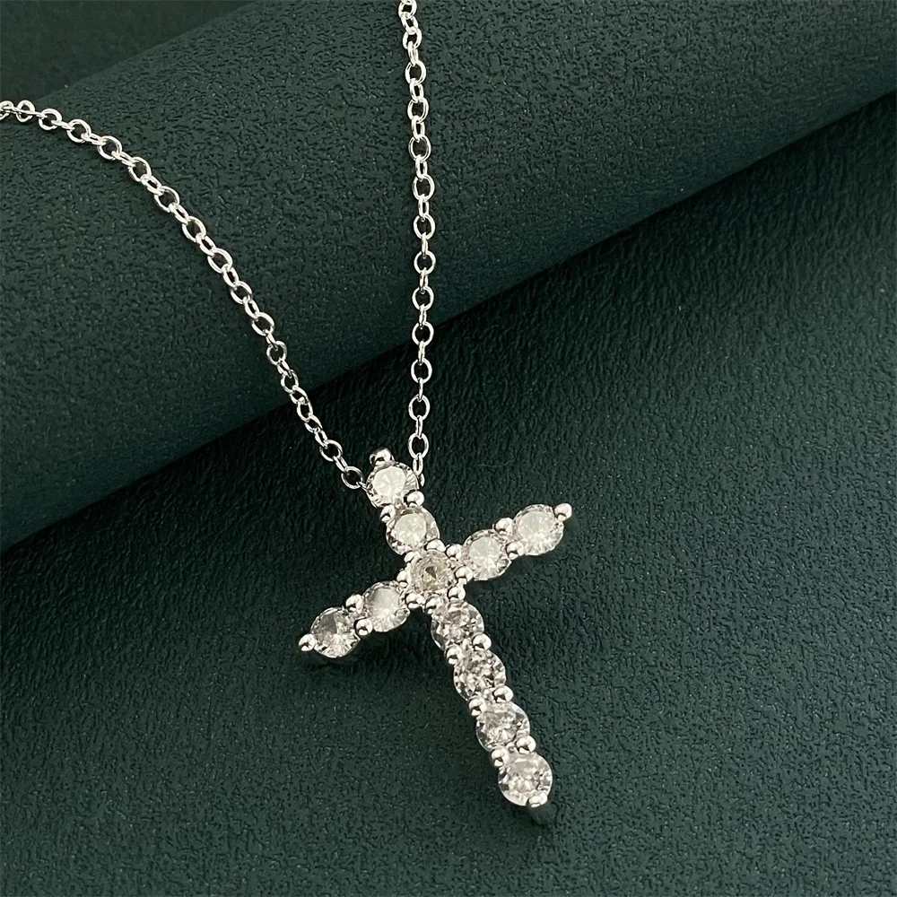

925 Sterling Silver Cross Inlaid Zircon Pendant Necklace, Ladies Couple Simple Luxury Banquet Wedding Birthday Jewelry Gift