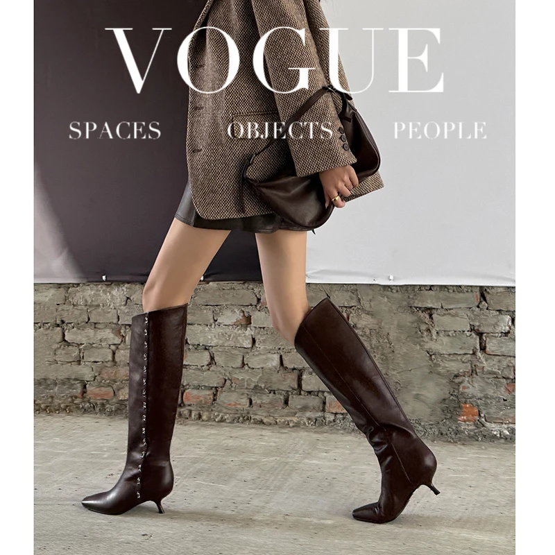 2026 new autumn winter women knee-high boots 22-25cm split leather+satin+pigskin square toe thin high heel women long boots