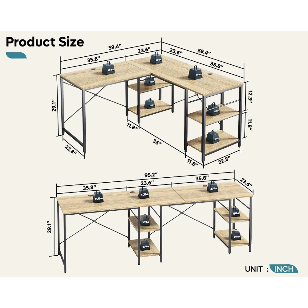 95.2” L Shaped Desk, Reversible Corner Computer Desk or 2 Person Long Table with Adjustable Shelves, Large Writing