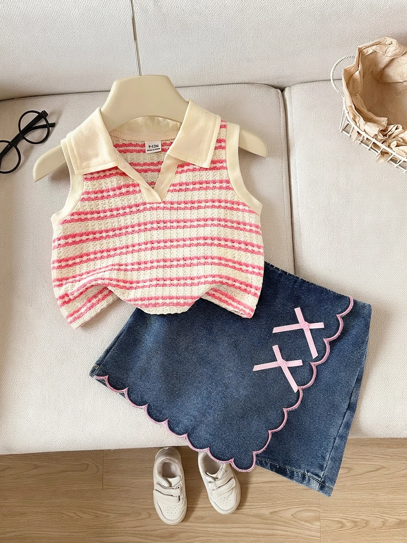 Cute Baby Daily Casual Set Textured Stripe Polo Tank Top Bow Accent Denim Skort