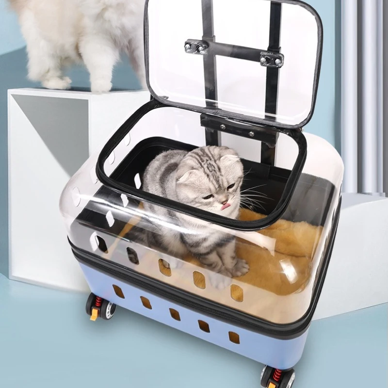 Transparent Pet Carrier Backpack Portable Dog Trolley Case Comfortable Breathable Cat Travel Cage Trendy Flight Case with Wheels view 6