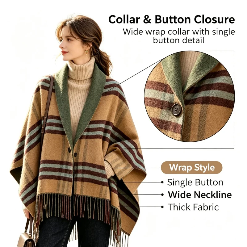 New Vintage Check Scarf for Women; Autumn and Winter Fringe Wool Cape; Double-sided Shawl; Multi-functional Warm Neck War