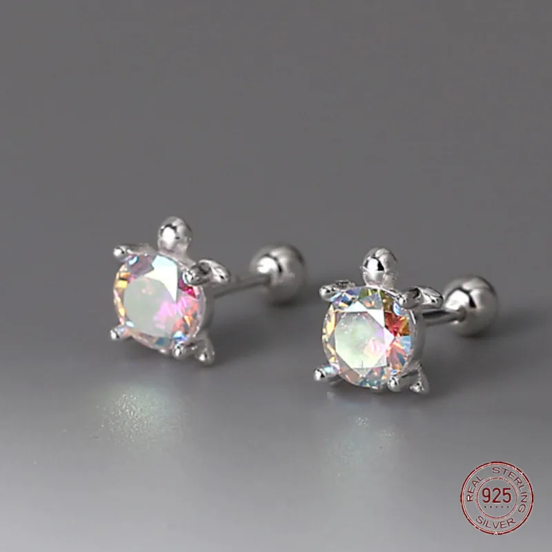 925 Sterling Silver Animal Small Tortoise Stud Earrings for Women Individuality Korean Color Zircon Earring Fashion Jewelry Gift