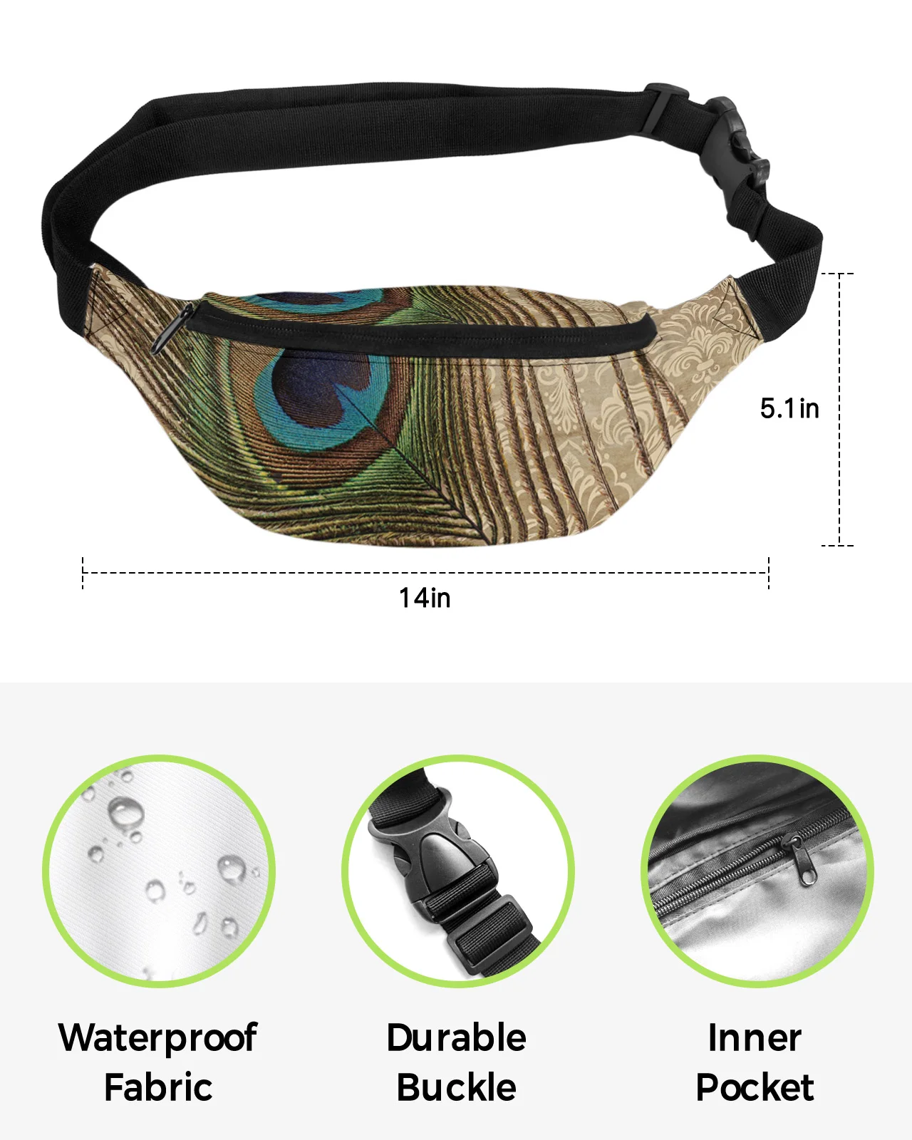 Animal Peacock Feather Retro Waist Packs Shoulder Bag Unisex Messenger Bag Casual Fashion Fanny Pack for Women