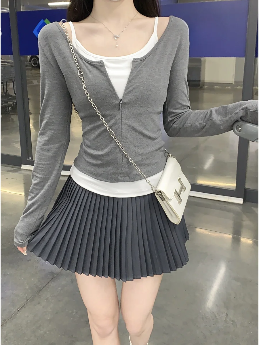 

Комплект футболок American Lazy Sle Long Sve, повседневный облегающий топ на молнии и бот, костюм из двух предметов для женщин, осенне-весенняя одежда