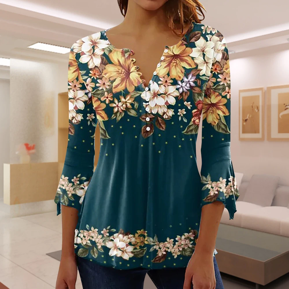 

Summer Women Fashion Floral Print V-neck Three Quarter Sleeve Tees T-shirts Casual Tops S-5XL 2023 Female Clothing