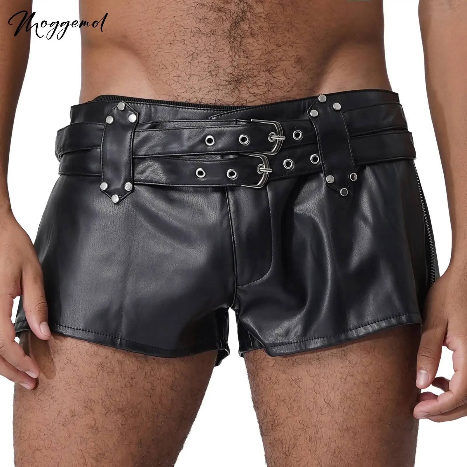 Mens Side Zipper PU Leather Hot Pants Low Rise Booty Shorts with Adjustable Double Belts for Nightclub Music Festival Party