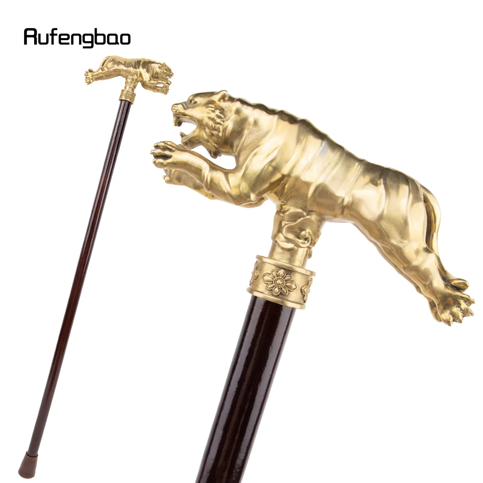 Golden Copper Tiger Single Joint Fashion Wooden Walking Stick Decorative Cospaly Walking Cane Halloween Mace Wand Crosier 93cm