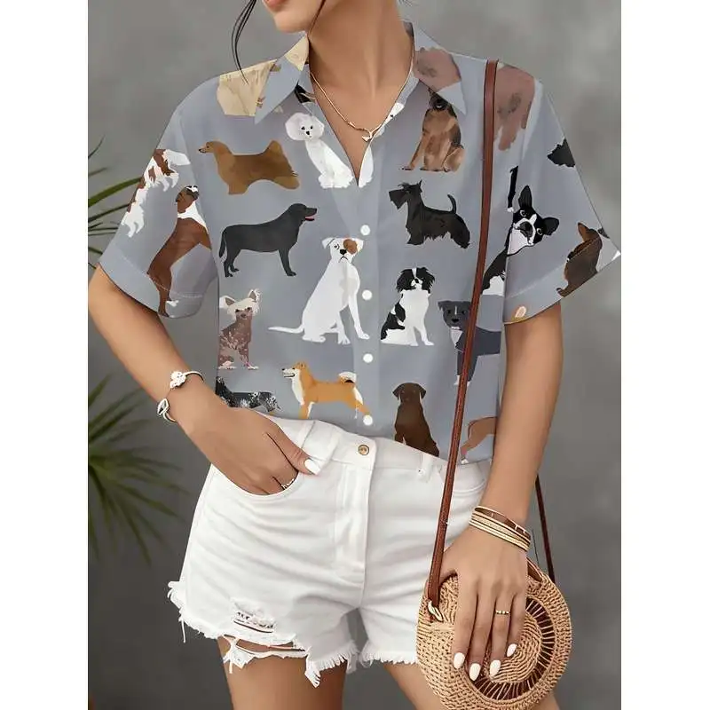 Women Casual Short Sleeve Shirt with Assorted Dog Cartoon Patterns Cute Button Up Shirt Machine Washable Fashion Top