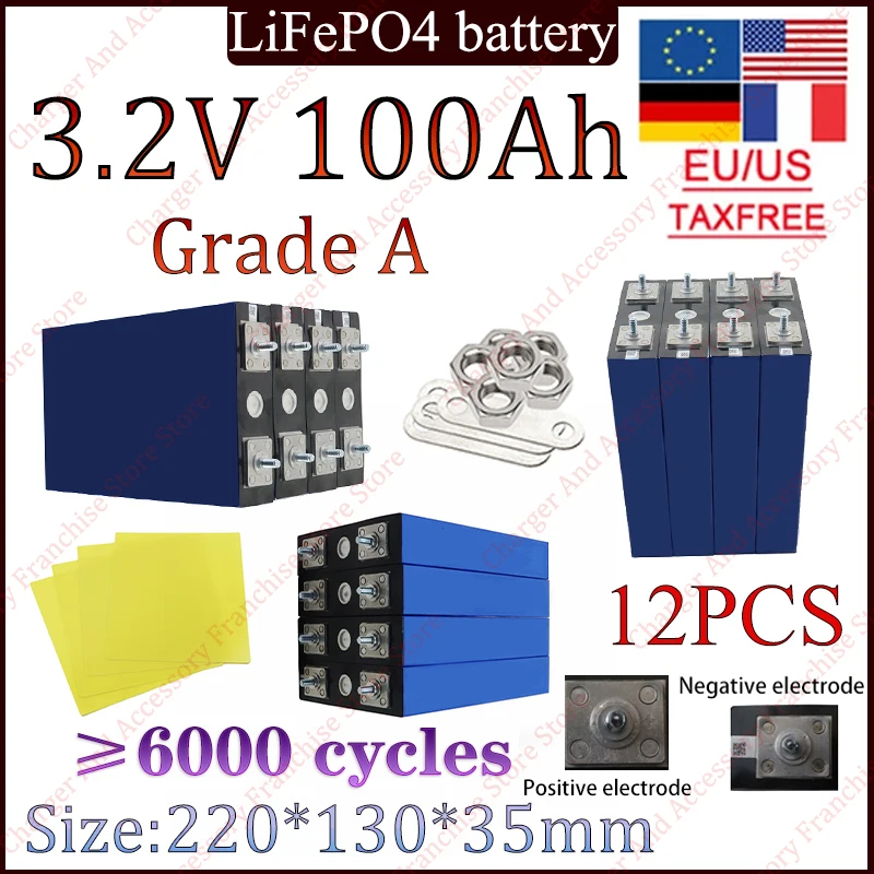 

12PCS 6000 Cycles New 3.2V 100Ah Lifepo4 Rechargeable Battery for RV Travel Solar Energy Storage High Quality Battery Grade A