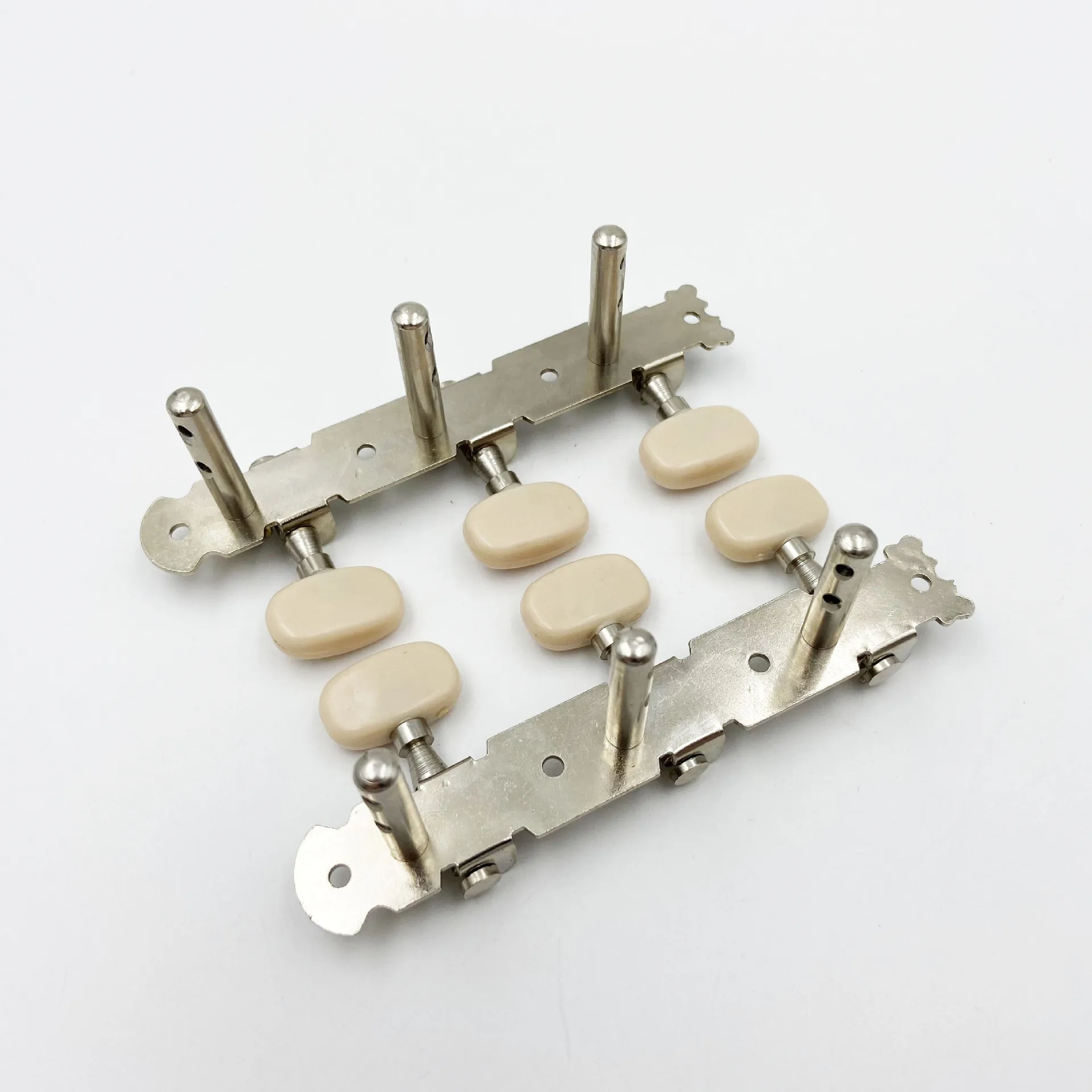 Open 3-on-a-Plate Classical Guitar Tuning Pegs Short Post Machine Heads with White Round Buttons & Double Hole Steel Shaft