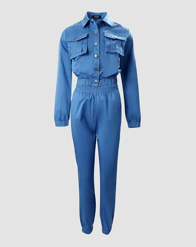 Two-Piece Set for Women 2024 Spring Tracksuit Denim Style Long Sleeve Pocket Button Design Shirt & Elastic High Waist Pants Set