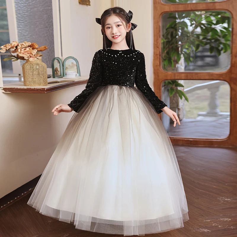 

Girls dress black sequined floor-length long sleeve princess dress round neck performance costume