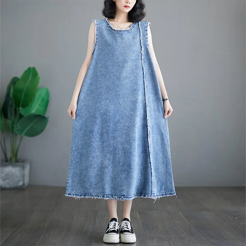 2024 New Arrival Summer Arts Style Women Sleeveless O-neck Loose Long Dress Vintage Blue Cotton Denim  A-line Tank Dresses